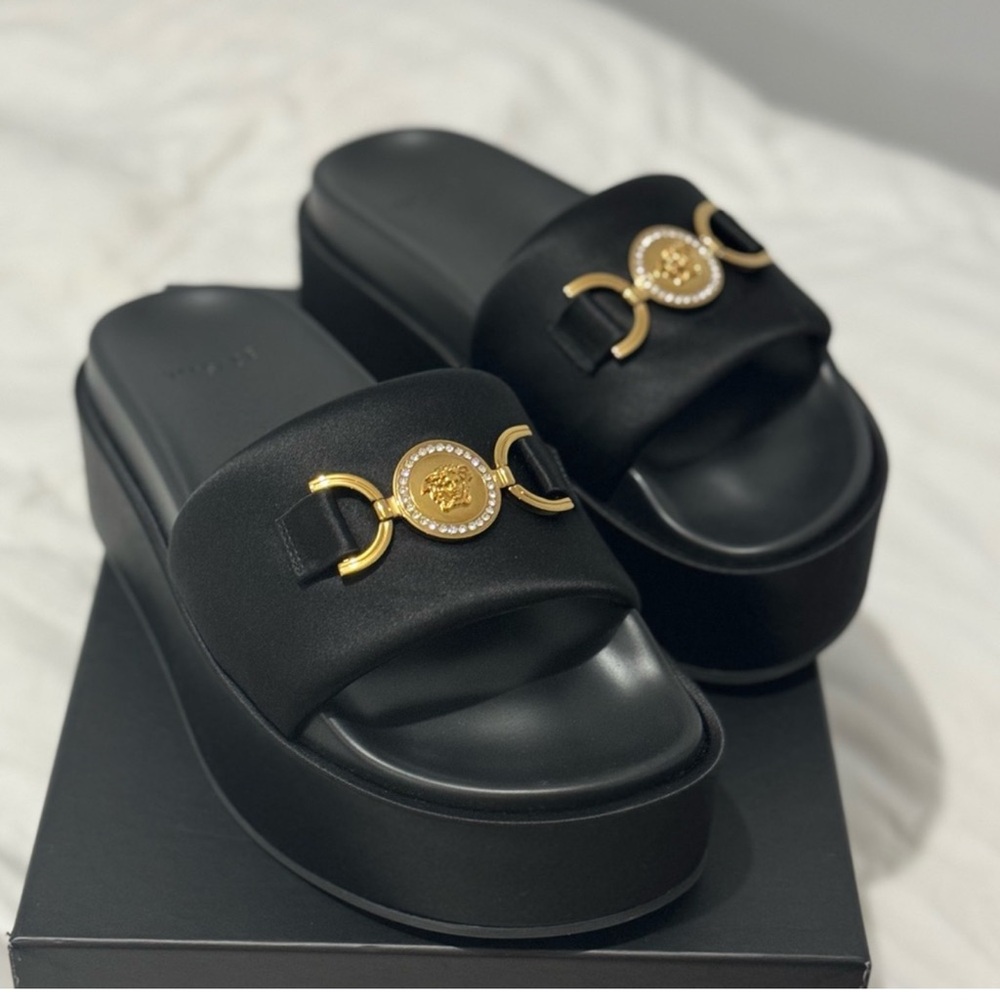Versace Black and Gold Platform Slides with Luxurious Design
